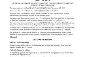 Joint circular No. 152/2014/TTLT-BTC-BGTVT auto transport fares and road transport support service charges