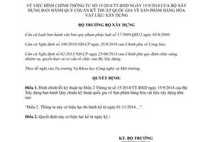 Quyết định 1250/QĐ-BXD năm 2014 đính chính 15/2014/TT-BXD Quy chuẩn hàng hóa vật liệu xây dựng
