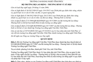 Quyết định 1335/QĐ-LĐTBXH 2014 đổi tên thành Trường Cao đẳng nghề Vĩnh Phúc