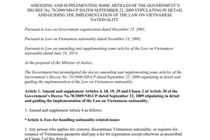 Decree No. 97/2014/NĐ-CP amending No. 78/2009ND-CP guiding the Law on Vietnamese nationality