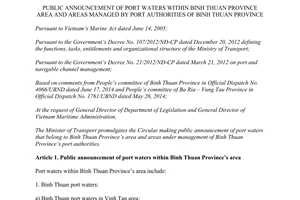 Circular No. 51/2014/TT-BGTVT port waters areas managed port authorities Binh Thuan province