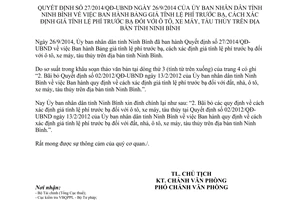 Văn bản 12/ĐC-UBND đính chính 27/2014/QĐ-UBND giá cách xác định tính lệ phí trước bạ ô tô xe máy tàu thủy Ninh Bình