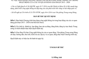 Quyết định 260-QĐ/TW năm 2014 ứng dụng công nghệ thông tin cơ quan đảng 2015 2020