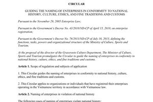 Circular No. 10/2014/TT-BVHTTDL naming of enterprises in conformity to national history culture ethics