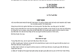 Thông báo 18/2017/TB-LPQT Hiệp định về chuyển giao người bị kết án phạt tù Việt Nam Tây Ban Nha