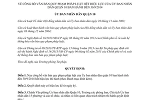 Quyết định 10204/QĐ-UBND văn bản pháp luật hết hiệu lực Ủy ban quận 10 Hồ Chí Minh tính đến 30/9/2014