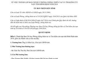Quyết định 3306/QĐ-UBND thành lập Ban chỉ huy phòng chống thiên tai Tìm kiếm cứu nạn Bình Định 2014