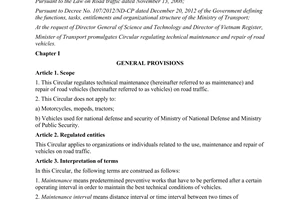Circular No. 53/2014/TT-BGTVT regulating technical maintenance and repair of road vehicles