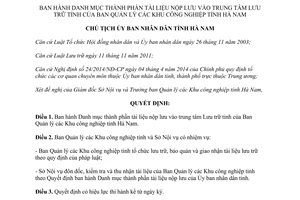 Quyết định 1186/QĐ-UBND năm 2014 tài liệu nộp lưu trung tâm Lưu trữ tỉnh Ban Quản lý Khu công nghiệp Hà Nam