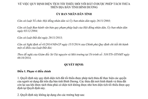 Quyết định 38/2014/QĐ-UBND quy định diện tích đất tối thiểu được phép tách thửa Bình Dương