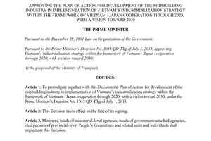 Decision No. 1901/QD-TTg 2014 plan of action for development of the shipbuilding industry