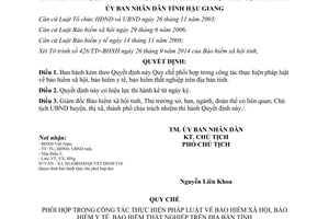 Quyết định 1458/QĐ-UBND năm 2014 phối hợp thực hiện pháp luật bảo hiểm xã hội y tế thất nghiệp Hậu Giang