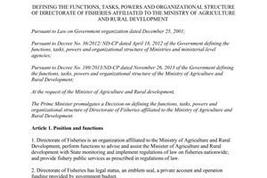 Decision No. 57/2014/QD-TTg functions tasks powers Directorate of fisheries Ministry Agriculture