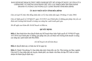 Quyết định 1560/QĐ-UBND 2014 thực hiện 19/NQ-CP cải thiện môi trường kinh doanh cạnh tranh Hòa Bình