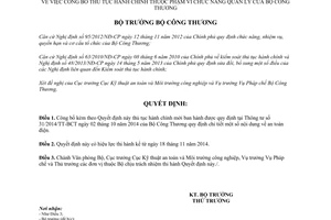 Quyết định 9511/QĐ-BCT năm 2014 công bố thủ tục hành chính thuộc quản lý Bộ Công thương