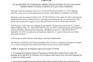 Circular No. 37/2014/TT-BCT on suspension of temporary import for re-export of log sawn timber