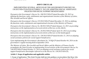 Joint circular No. 29 /2014/TTLT-BLDTBXH-BTC implementing 136/2013/ND-CP social assistance policies