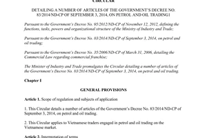 Circular No. 38/2014/TT-BCT detailing Decree No. 83/2014/ND-CP on petrol and oil trading