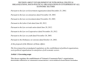 Decree No. 98/2014/NĐ-CP establishment intramural political organizations in enterprises of economic sectors