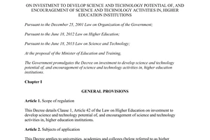 Decree No. 99/2014/ND-CP investment to develop science technology potential of hight education institutions