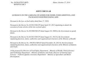 Joint circular No. 34/2014/TTLT-BYT-BNNPTNT-BCT guidance on the labeling of goods for foods