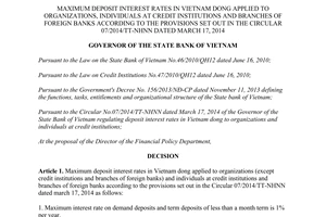 Decision No. 2173/QĐ-NHNN 2014 maximum deposit interest rates in Vietnam dong in 07/2014/TT-NHNN