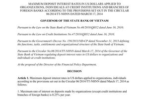 Decision No. 2172/QĐ-NHNN 2014 maximum deposit interest rates in US dollars in 06/2014/TT-NHNN