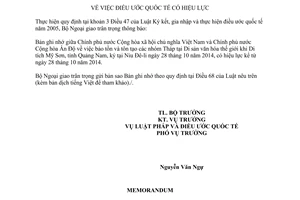 Thông báo hiệu lực Bản ghi nhớ bảo tồn tôn tạo Tháp tại Di sản văn hóa thế giới khu di tích Mỹ Sơn Việt Nam Ấn Độ