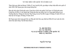 Thông báo hiệu lực Bản ghi nhớ thành lập Trung tâm đào tạo tiếng Anh Công nghệ thông tin Việt Nam Ấn Độ