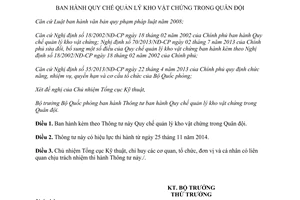 Thông tư 131/2014/TT-BQP Quy chế quản lý kho vật chứng trong Quân đội