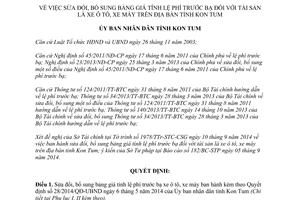 Quyết định 55/2014/QĐ-UBND sửa bảng giá tính lệ phí trước bạ xe ô tô xe máy Kon Tum