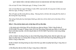 Quyết định 60/2014/QĐ-TTg tiêu chí hộ chính sách xã hội được hỗ trợ tiền điện