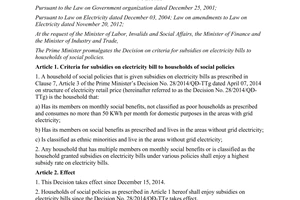Decision No. 60/2014/QĐ-TTg criteria for subsidies on electricity bills to households of social policies
