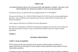 Circular No. 33/2014/TT-BNNPTNT procedures for plant quarantine for import export transit