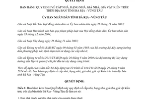 Quyết định 53/2014/QĐ-UBND cấp nhà hạng nhà giá nhà giá vật kiến trúc Bà Rịa Vũng Tàu