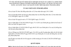 Quyết định 1696/QĐ-UBND 2014 bãi bỏ 07/2008/QĐ-UB cấp phép thăm dò khai thác sử dụng tài nguyên nước Hòa Bình