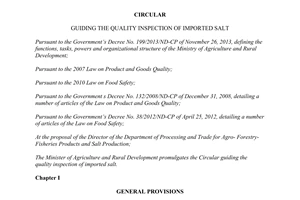 Circular No. 34/2014/TT-BNNPTNT guiding the quality inspection of imported salt