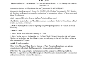 Circular No. 35/2014/TT-BNNPTNT promulgating the list of living things subject to plant quarantine