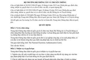 Quyết định 1610/QĐ-BTTTT năm 2014 chức năng quyền hạn tổ chức Trung tâm Chứng thực điện tử quốc gia