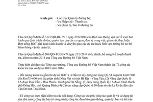 Công văn 5410/TCĐBVN-TC cử người tham gia Tổ công tác kiểm tra dự án BOT 2014 theo 506/QĐ-TCĐBVN