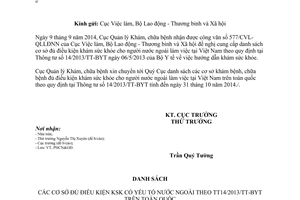 Công văn 1171/KCB-PHCN&GĐ 2014 cơ sở đủ điều kiện khám sức khỏe cho người nước ngoài