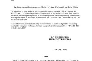Official Dispatch 1171/KCB-PHCN&GD facilities eligible for conducting checkup for foreigners working Vietnam