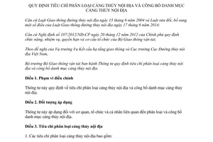 Thông tư 61/2014/TT-BGTVT tiêu chí phân loại công bố danh mục cảng thủy nội địa