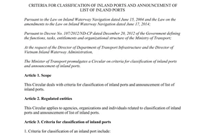 Circular No. 61/2014/TT-BGTVT criteria for classification of inland ports announcement of list of inland ports