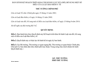 Quyết định 2028/QĐ-TTg 2014 Kế hoạch triển khai thi hành Luật Bảo hiểm y tế sửa đổi