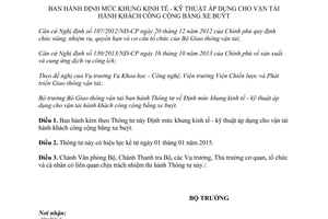 Thông tư 65/2014/TT-BGTVT định mức khung kinh tế kỹ thuật vận tải hành khách công cộng bằng xe buýt