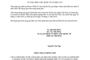 Thông báo hiệu lực Thỏa thuận Dự án Phát triển doanh nghiệp nhỏ và vừa Trà Vinh Việt Nam Canađa