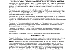 Decision No. 3417/QD-TCHQ 2014 customs of goods that foreigners carry through vat refund exit checkpoints
