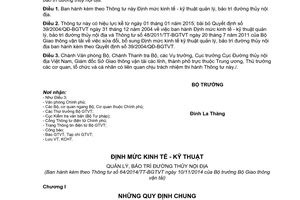 Thông tư 64/2014/TT-BGTVT Định mức kinh tế kỹ thuật quản lý bảo trì đường thủy nội địa