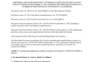 Circular No. 31/2014/TT-NHNN amending 35/2013/TT-NHNN on anti-money laundering